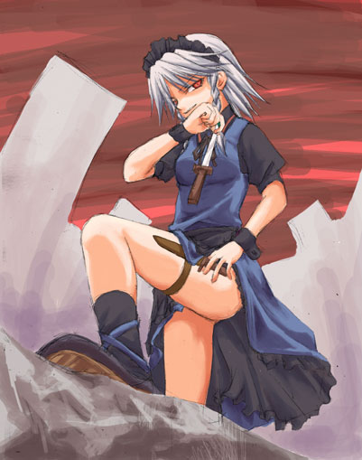 1girl, braid, female, izana, izana_minagi, izayoi_sakuya, knife, short_hair