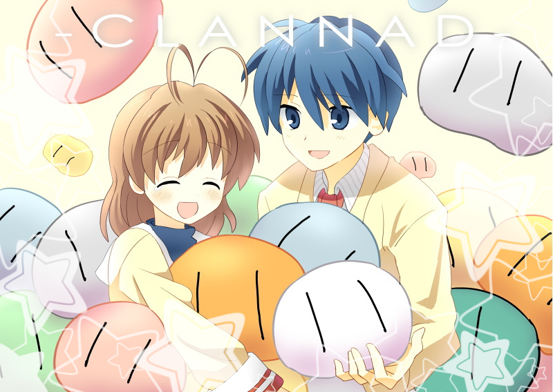 1boy, 1girl, :d, ^_^, ^o^, antenna_hair, blue_eyes, blue_hair