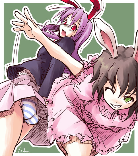 2girls, akiyama_nenehisa, alternate_eye_color, animal_ears, ass, female, green_eyes, inaba_tewi