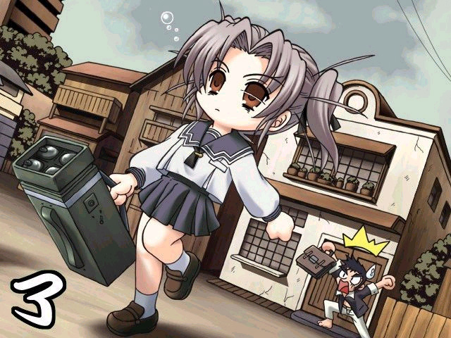 1boy, 1girl, bag, barefoot, black_hair, brown_eyes, bubble, chibi