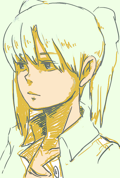 1girl, amasawa_yuuko, dennou_coil, jacket, monochrome, sketch, solo, spot_color