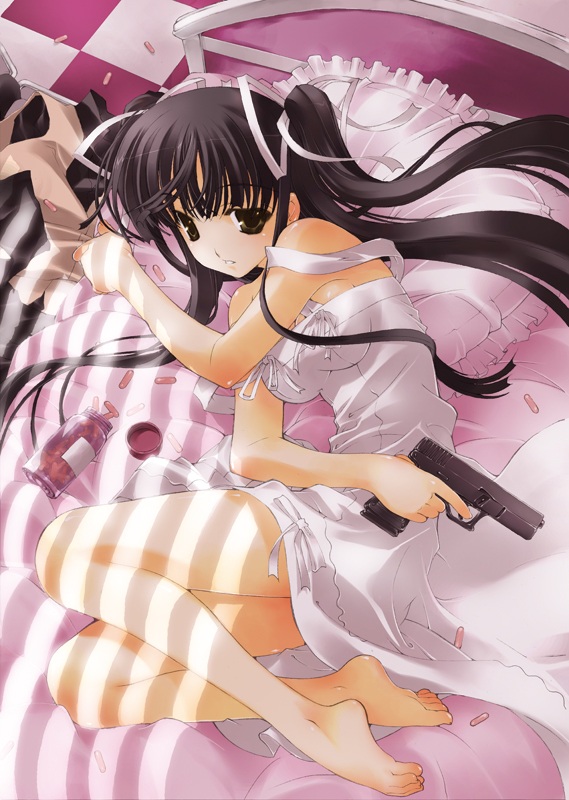1girl, bangs, bare_shoulders, barefoot, bed, bedroom, black_hair, bottle, bow, breasts, brown_eyes, checkered, checkered_floor, cleavage, dress, drugs, dutch_angle, eve_(series), eve_new_generation_x, eve_~new_generation_x~, feet, fetal_position, finger_on_trigger, frilled_pillow, frills, from_above, from_side, fujima_takuya, full_body, glock, gun, hair_ribbon, handgun, holding, holding_weapon, indoors, kizeki_noi, legs, long_hair, looking_at_viewer, lying, medium_breasts, on_bed, on_side, parted_lips, pill, pillow, pistol, ribbon, sideboob, solo, strap_slip, sundress, sunlight, twintails, two_side_up, weapon, white_dress