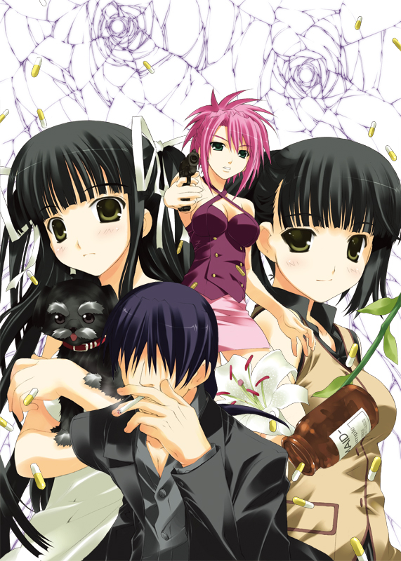 1boy, 3girls, age_difference, aiming, aiming_at_viewer, amagi_kojirou, bangs, bare_shoulders
