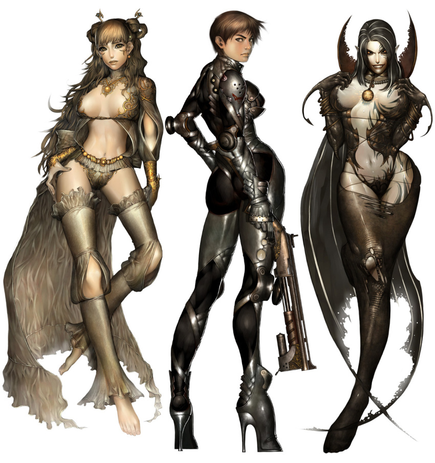 3girls, alien1452, armor, ass, black_hair, blonde_hair, boots, breast_grab
