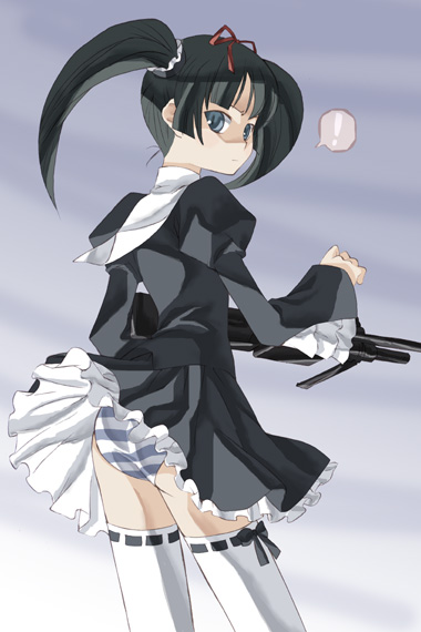 1girl, coyote_ragtime_show, march_(coyote_ragtime_show), panties, solo, striped, striped_panties, takano_natsuki, thigh-highs, underwear, wind, wind_lift