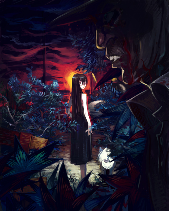 1boy, 1girl, bare_shoulders, black_dress, black_eyes, black_hair, bush, dark