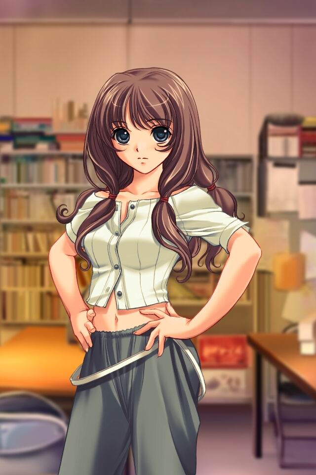 1girl, akibakei_kanojo, bare_shoulders, blue_eyes, brown_hair, game_cg, hands_on_hips, long_hair