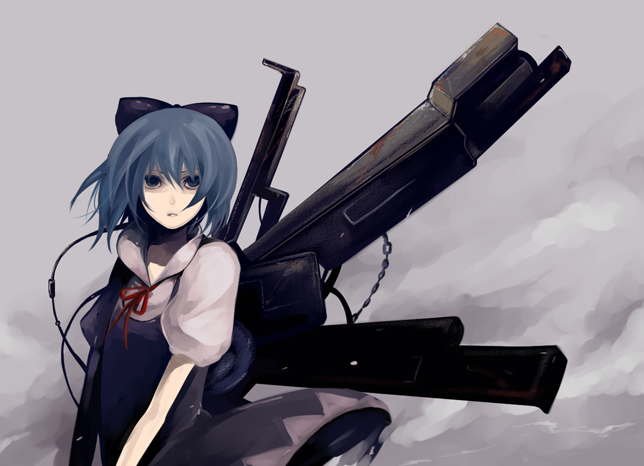 1girl, bad_id, bow, cable, chise, chise_(saishuu_heiki_kanojo), cirno, clouds