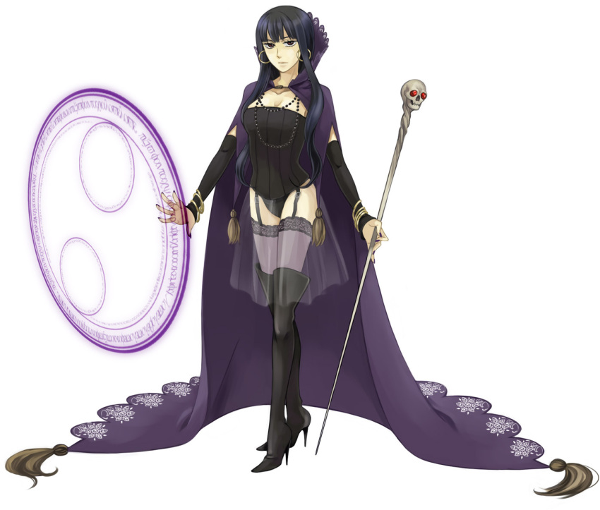 1girl, bad_id, black_hair, boots, cape, detached_sleeves, garter_belt, high_heels