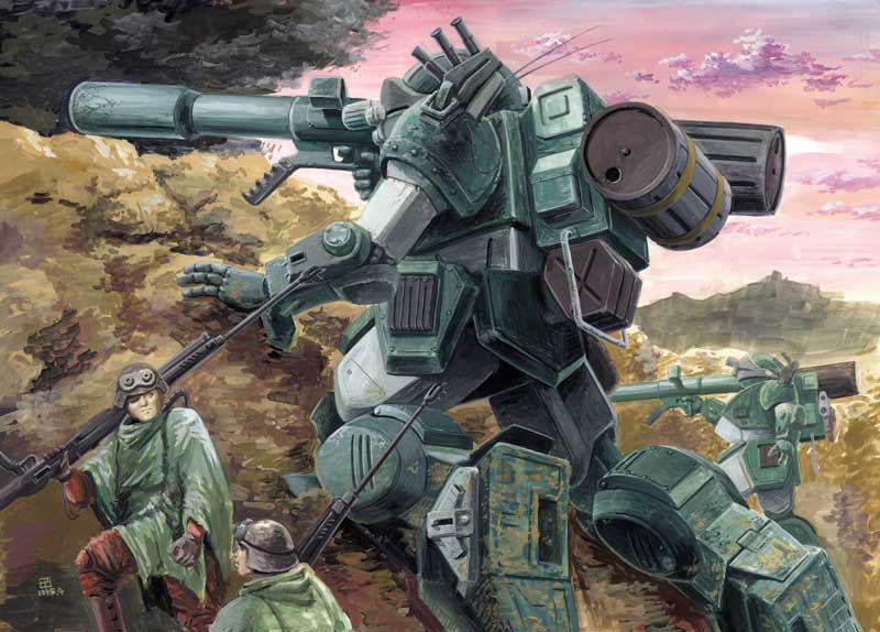 2boys, 80s, bazooka, eyepatch, gun, helmet, hill, mecha
