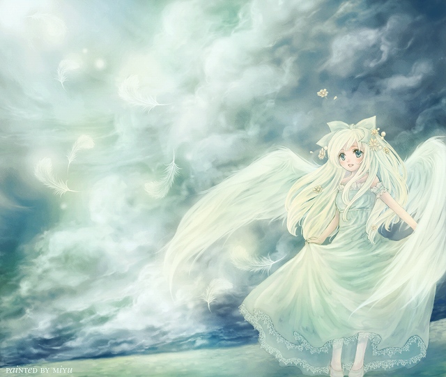 angel_wings, bow, clouds, dress, feathers, flower, hair_ornament, lace