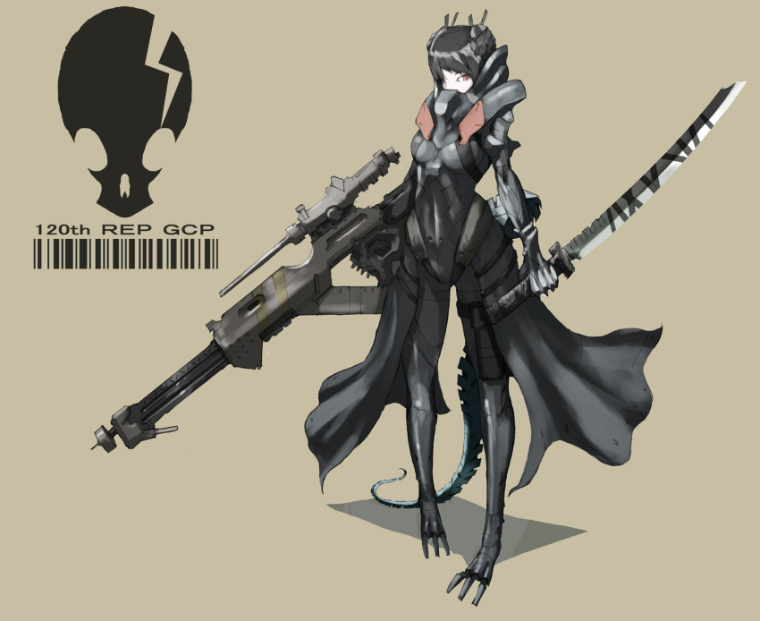 1girl, armor, barcode, cyborg, gun, highres, inawata, original