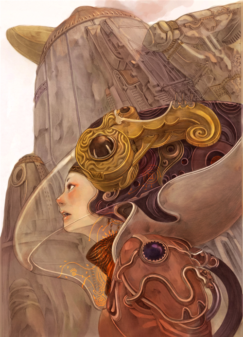 city, fantasy, mikan_yuzuko, science_fiction, spacesuit, traditional_media