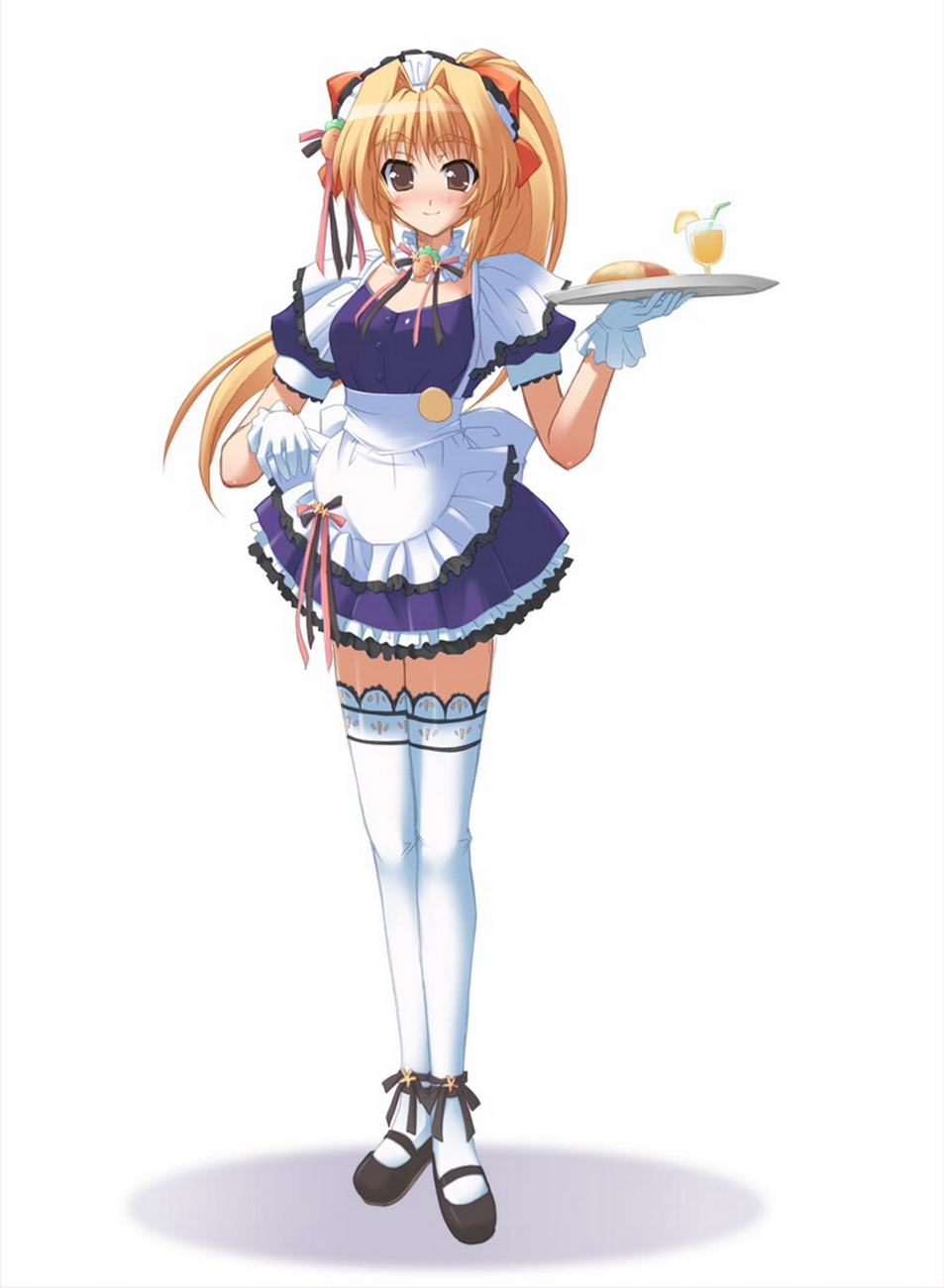 1girl, 90s, apron, blonde_hair, blush, bow, brown_eyes, carrot