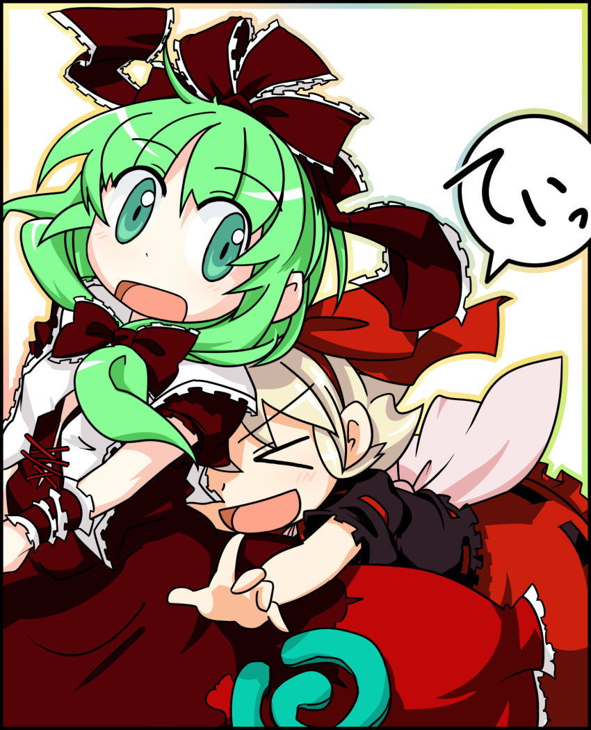 2girls, blonde_hair, chibi, doll, female, front_ponytail, glomp, green_eyes