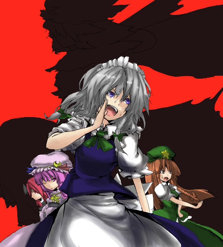 3girls, book, china_dress, chinese_clothes, dress, female, hong_meiling, izayoi_sakuya, koakuma, long_hair, maid, masuzou, multiple_girls, patchouli_knowledge, purple_hair, redhead, saigyouji_yuyuko, shadow, short_hair, touhou, white_hair, wings