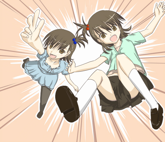 2girls, black_legwear, dune_(artist), futami_ami, futami_mami, hair_bobbles, hair_ornament, idolmaster