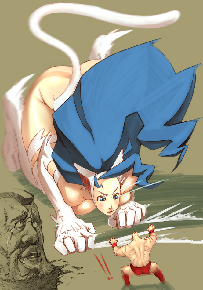 1boy, 1girl, action, all_fours, animal_ears, bad_id, big_hair, blue_eyes, blue_hair, capcom, felicia, giantess, kurohachi, long_hair, paws, street_fighter, tail, vampire_(game), zangief