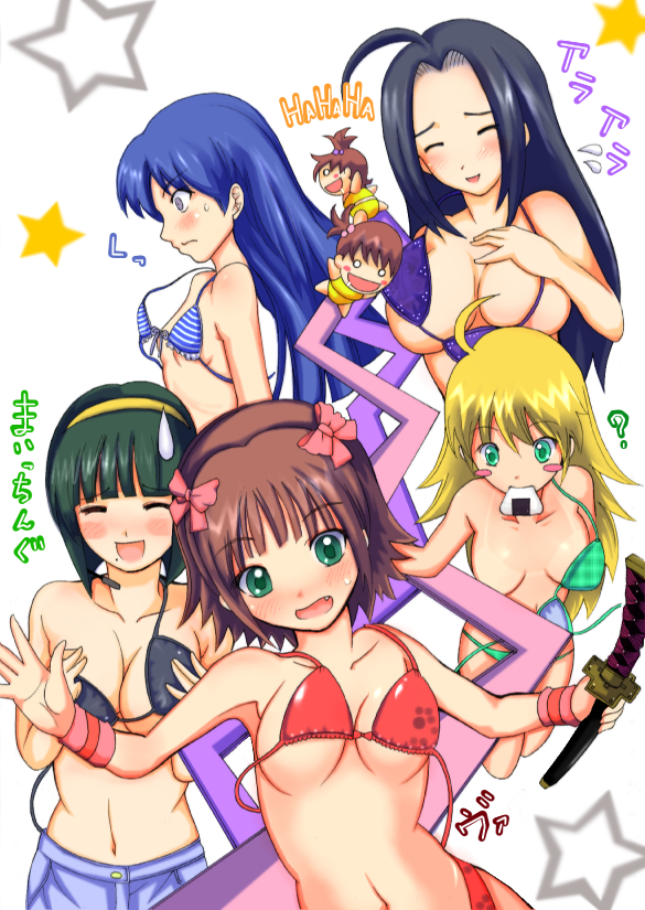 6+girls, ?, ahoge, amami_haruka, bikini, blush, bow, breasts