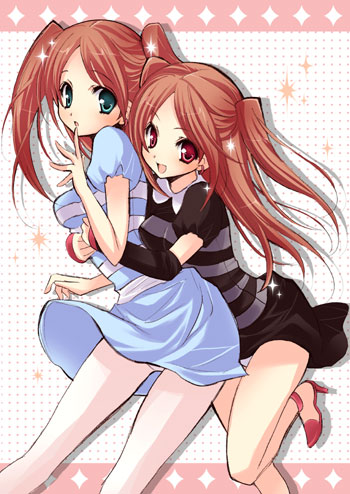 2girls, aqua_eyes, brown_hair, finger_to_mouth, green_eyes, hug, hug_from_behind, latte