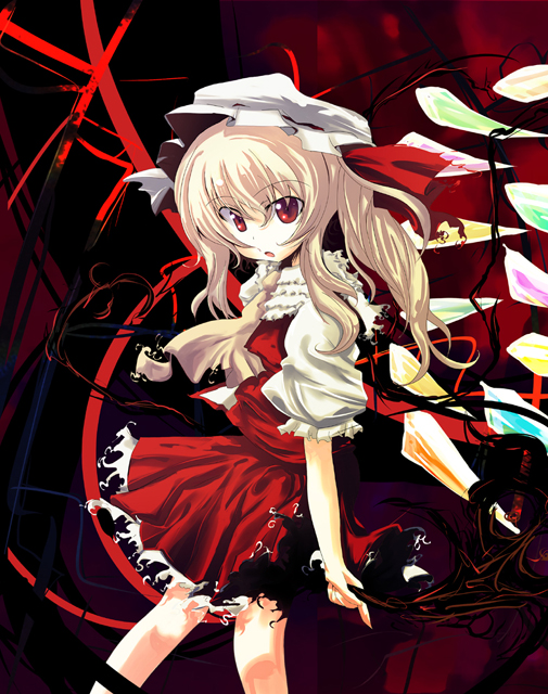 1girl, asagi_(kabocha_oukoku), blonde_hair, female, flandre_scarlet, hat, red_eyes, solo