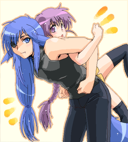 2boys, 2girls, angelous_lazward, animal_ears, back-to-back, blue_hair, braid, ears