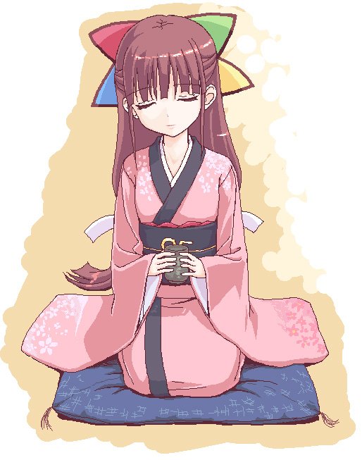 1girl, 95-tan, brown_hair, closed_eyes, cup, half_updo, japanese_clothes, kimono, kneeling, long_hair, os-tan, seiza, sitting, solo, takayaki, tea