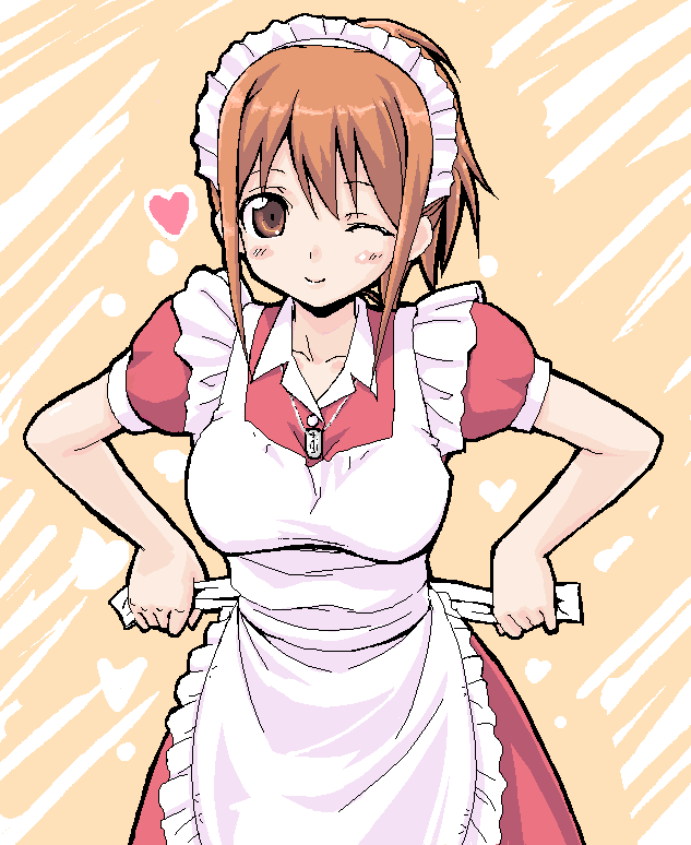 1girl, aliasing, apron, breasts, brown_eyes, brown_hair, dressing, futaba_channel