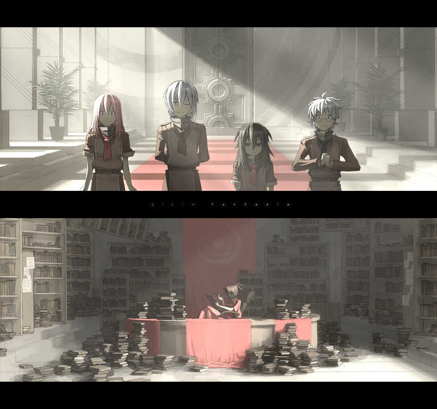 1boy, 3girls, book, book_stack, brown_hair, copyright_name, empty_eyes, fantasy, glasses, highres, multiple_girls, necktie, pink_hair, pixiv, pixiv_fantasia, pixiv_fantasia_1, plant, runes, shelf, silver_hair, tsukuba_masahiro, viola_(pixiv_fantasia)