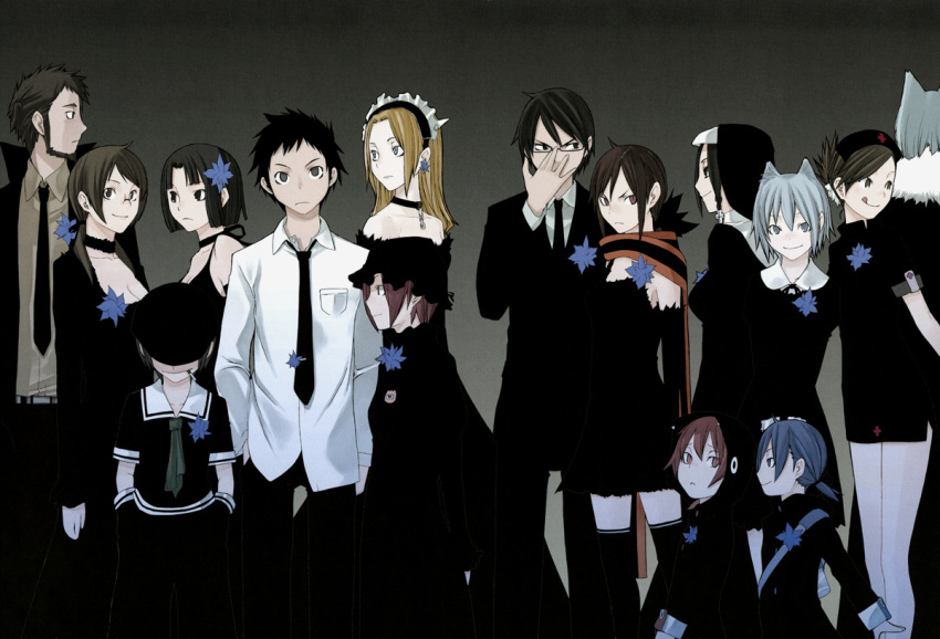5boys, 6+girls, :p, :q, adjusting_glasses, animal_ears, azuma_rin, black_hair
