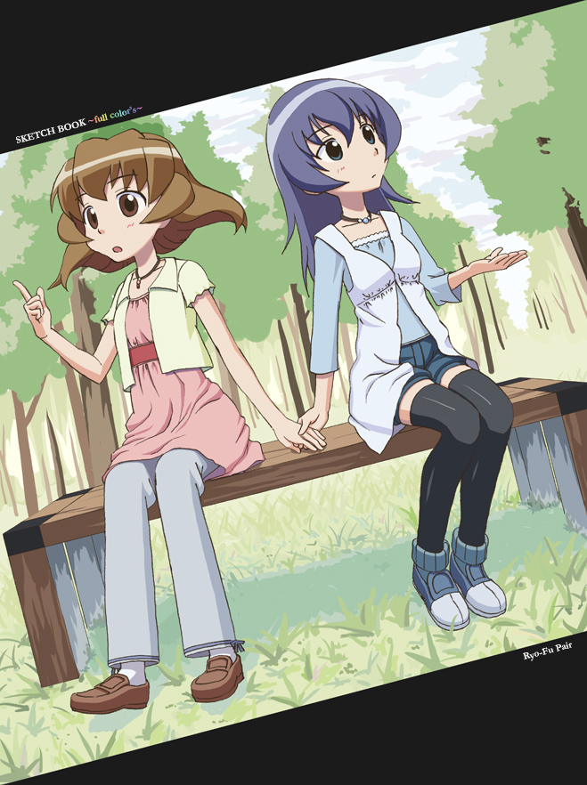 2girls, bench, black_legwear, c-lop, choker, hand_holding, himuro_fuu, jewelry, midriff, multiple_girls, nature, necklace, sitting, sketchbook_full_colors, tanabe_ryou, thigh-highs, zettai_ryouiki
