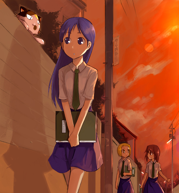asou_natsumi, cat, kajiwara_sora, mike_(sketchbook_full_colors), necktie, school_uniform, serafuku, sketchbook