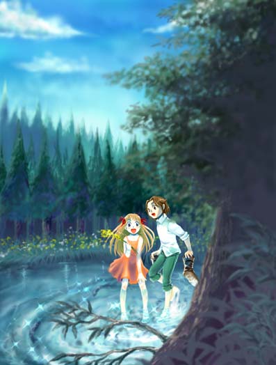 1boy, 1girl, cecile_(suikoden), clouds, dress, forest, gensou_suikoden, gensou_suikoden_iii