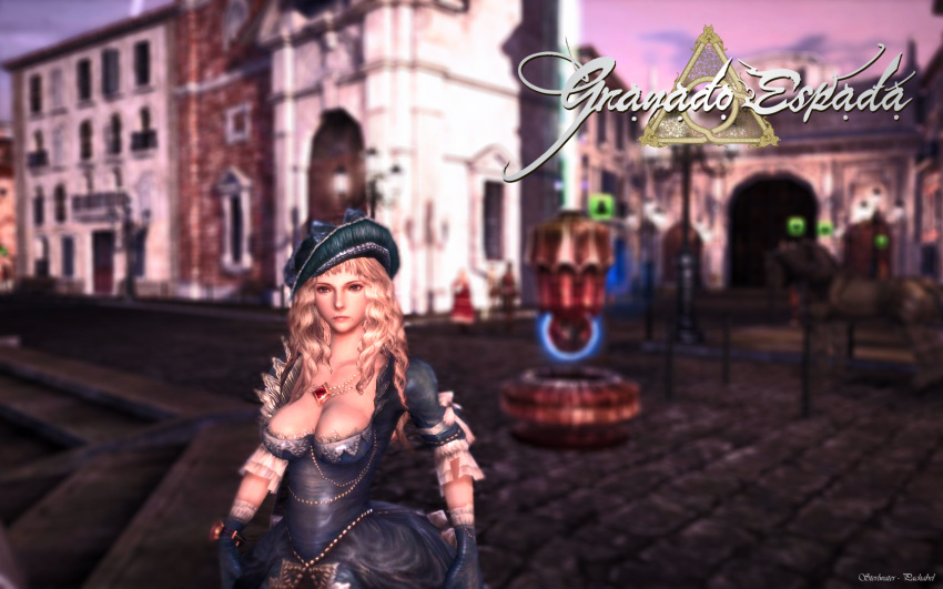 1girl, breasts, cleavage, dress, elementalist, game, gloves, granado_espada