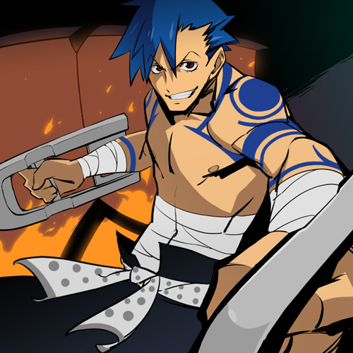 1boy, bandage, blue_hair, bodypaint, fire, grin, gun_zi_(i&amp;eyes), kamina