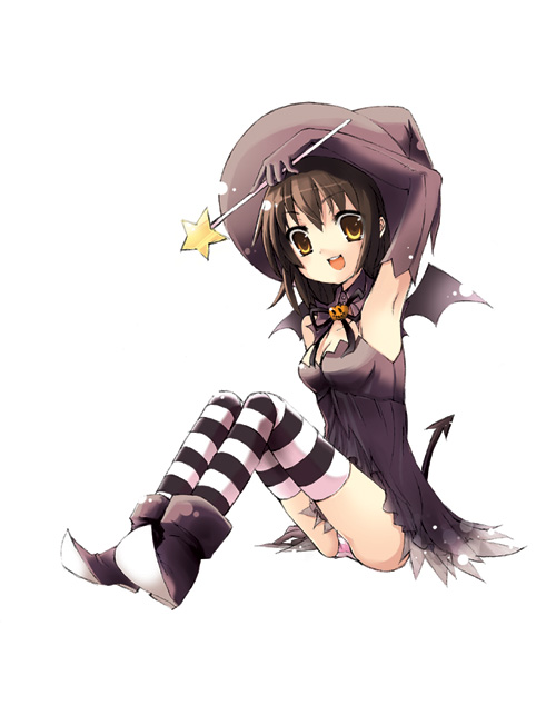 brown_hair, demon_girl, panties, sakura_noel, short_hair, striped, striped_legwear, suzumiya_haruhi, suzumiya_haruhi_no_yuuutsu, thigh-highs, underwear, wings, witch