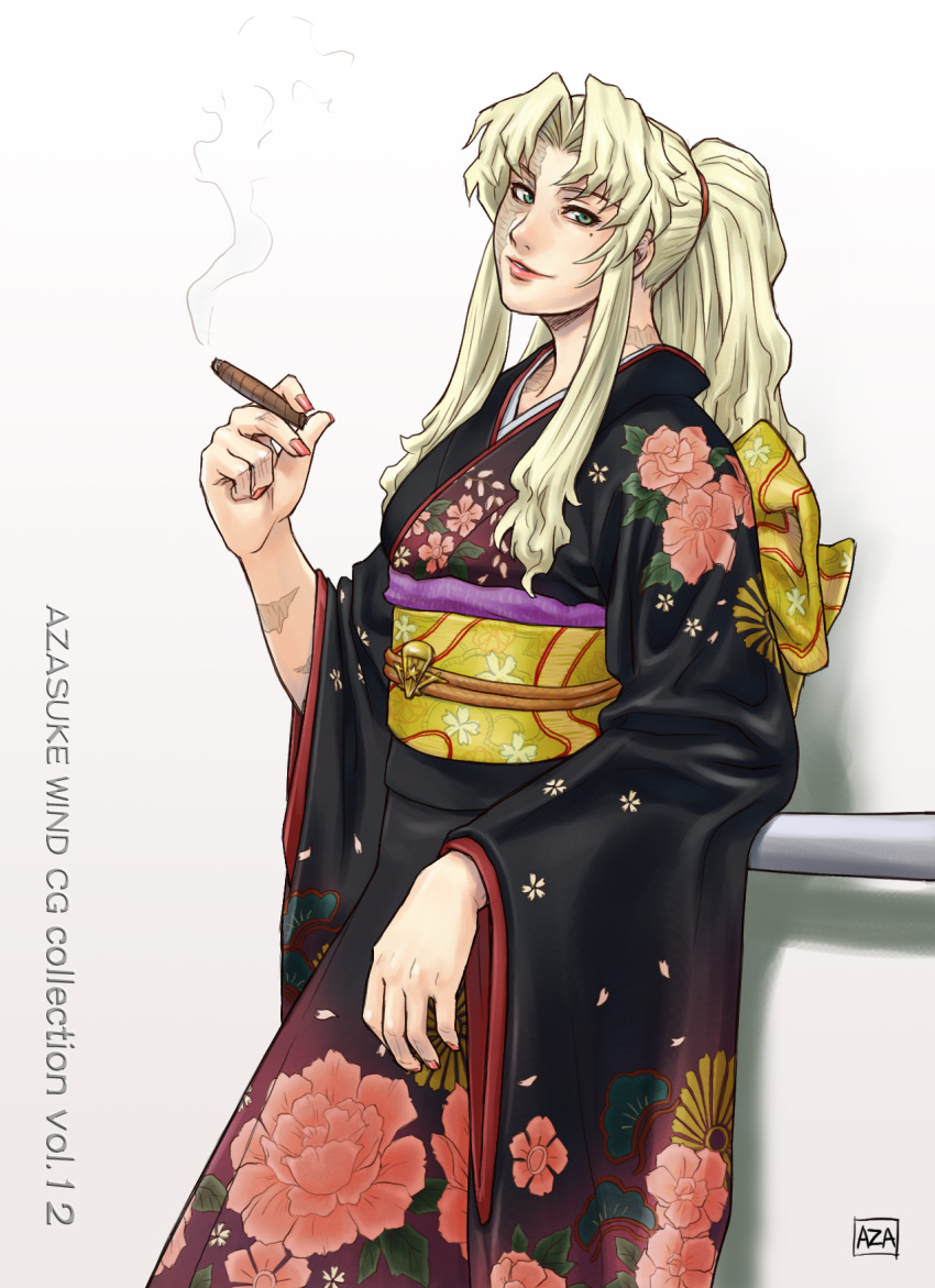 1girl, azasuke, balalaika, black_lagoon, blonde_hair, cigar, female, green_eyes