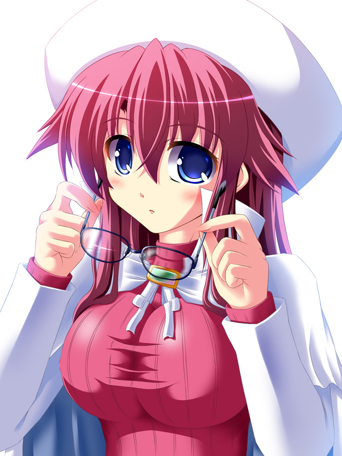 1girl, aty, aty_(summon_night), blue_eyes, blush, breasts, futaba_shion, glasses