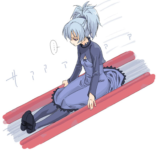 ..., 1girl, blue_skirt, darker_than_black, dress, hair_ribbon, long_hair, pantyhose