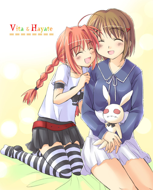 2girls, ^_^, ahoge, arm_garter, belt, braid, brown_hair, character_name