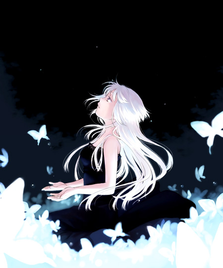 1girl, black_dress, butterfly, dress, expressionless, floating_hair, kannuki_hisui, long_hair