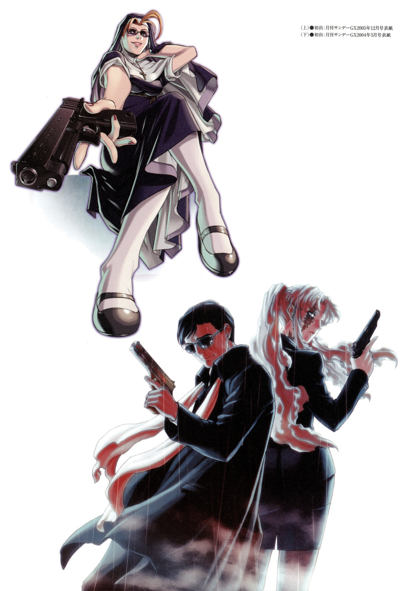 1boy, 2girls, absurdres, ahoge, back-to-back, balalaika_(black_lagoon), black_lagoon, blonde_hair