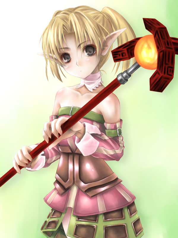 1girl, araki_maki, armor, bangs, bare_shoulders, blonde_hair, blush, choker
