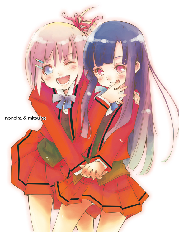 2girls, :q, ;d, bangs, blue_hair, blunt_bangs, blush, dress