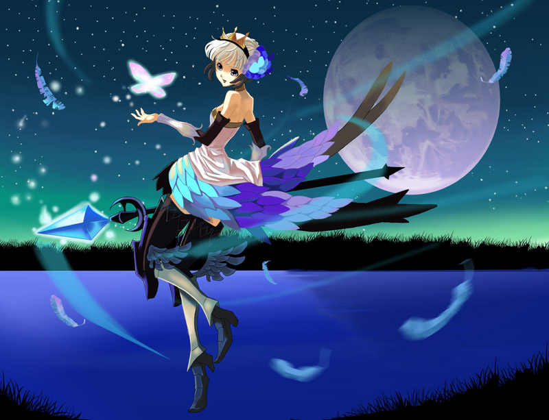1girl, armor, armored_dress, azuma_reiharu, butterfly, dress, gwendolyn, moon