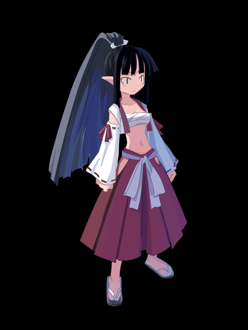 1girl, black_background, black_eyes, black_hair, breasts, cleavage, detached_sleeves, disgaea