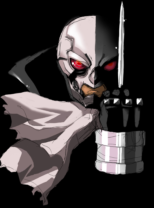 1boy, between_fingers, black_background, blade, brass_knuckles, cloak, face, helmet