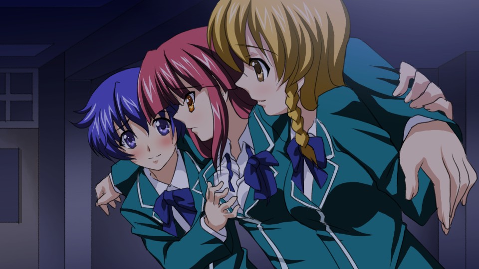 3girls, blonde_hair, blue_hair, breast_grab, breasts, grabbing, kannagi_ayano, kaze_no_stigma