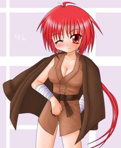 1girl, ahoge, belt, breasts, cape, cleavage, collarbone, cowboy_shot, gho, large_breasts, looking_at_viewer, nagasarete_airantou, red_eyes, redhead, rin_(nagasarete_airantou), solo, standing