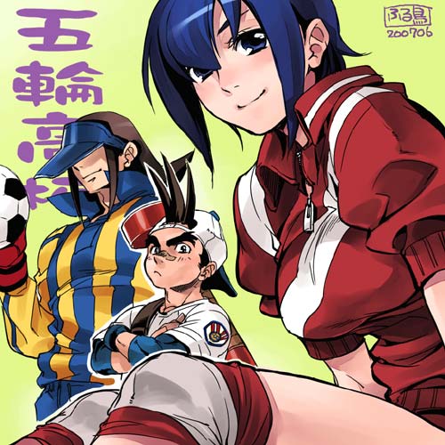 1girl, 2boys, ayuhara_natsu, ball, baseball_bat, capcom, furudori_yayoi, hat_over_eyes